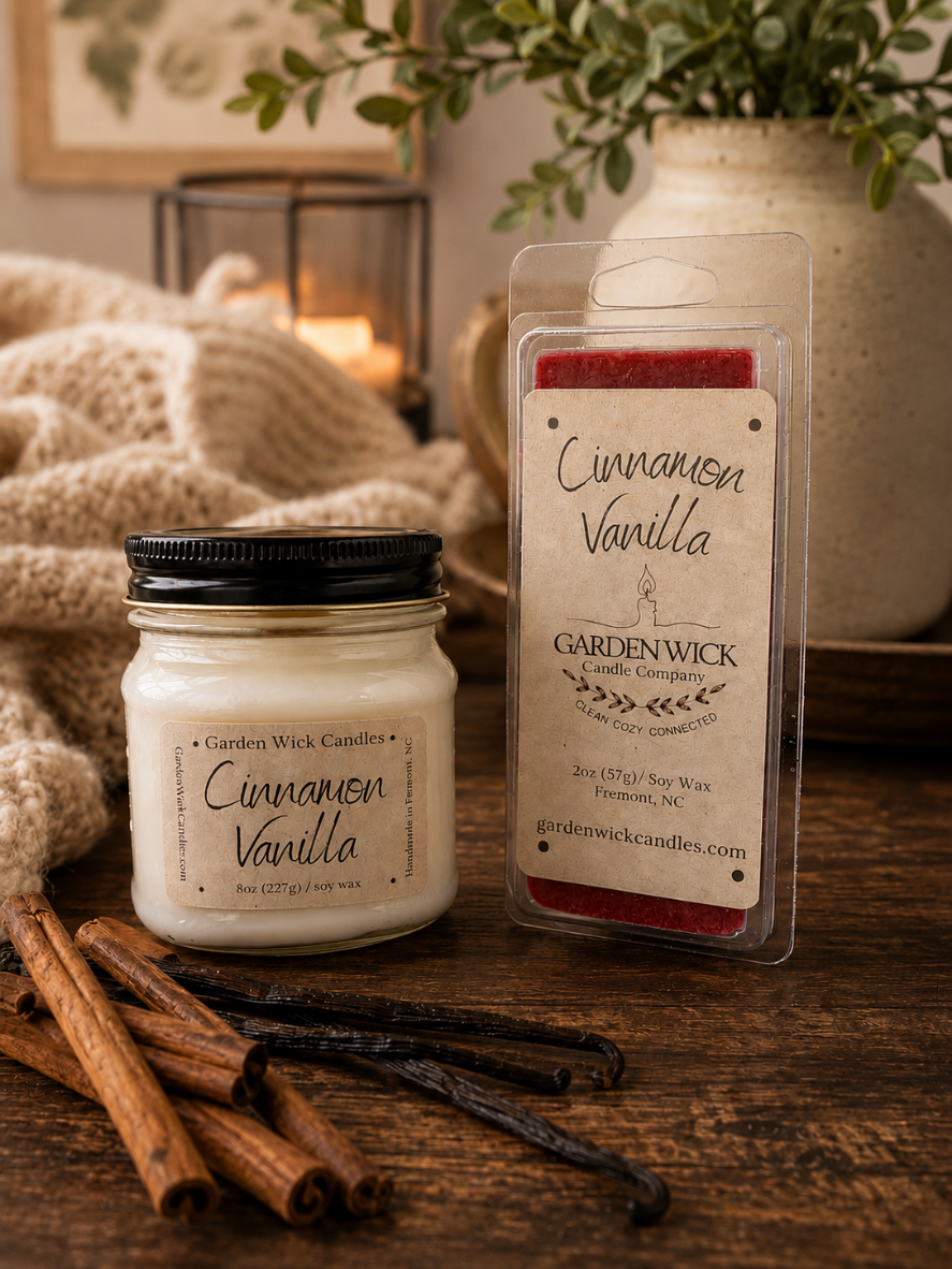 Garden Wick Cinnamon Vanilla soy candle and wax melt bar styled in a cozy home setting with cinnamon sticks and vanilla, featuring warm notes of clove, cinnamon, cream, and vanilla.