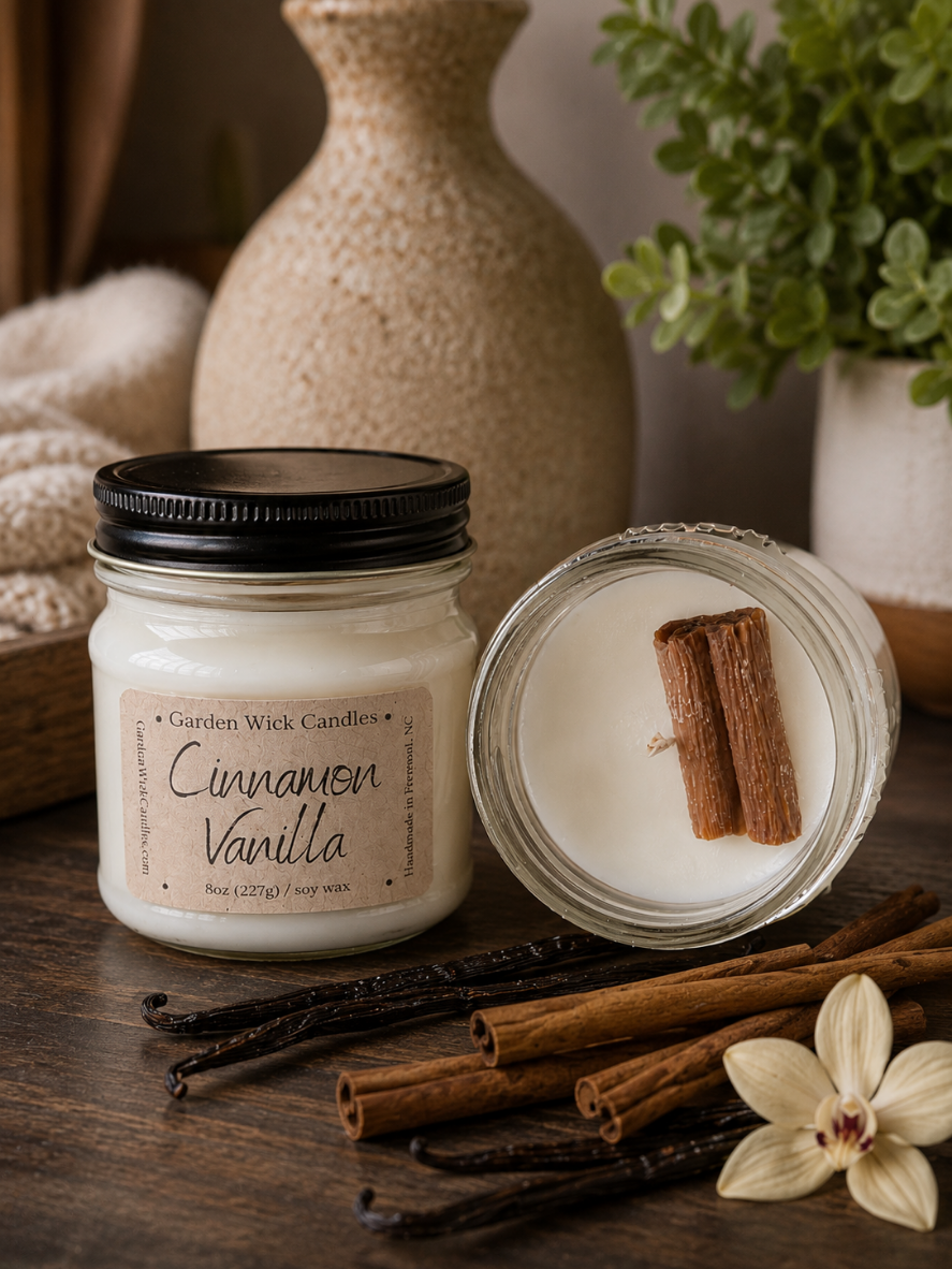 Handcrafted Cinnamon Vanilla soy candle by Garden Wick featuring warm notes of clove, cinnamon, cream, and vanilla in an 8 oz mason jar, creating a cozy fall and holiday home fragrance.