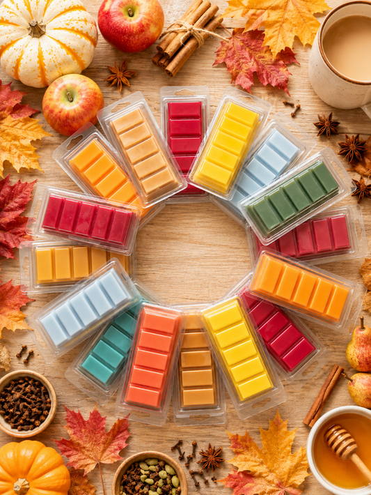 Colorful assortment of Garden Wick soy wax melt bars arranged in a circle, showcasing the variety of clean, hand-poured fragrances available year-round and seasonally.