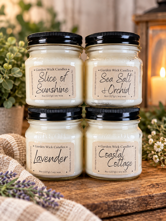 Garden Wick Classics Bundle with four 8 oz soy candles in Slice of Sunshine, Sea Salt and Orchid, Lavender, and Coastal Cottage.