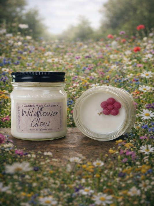 Wildflower Glow soy candle by Garden Wick Candle Company with soft floral notes of orange blossom and rose layered with honey, amber, musk, and cedar, inspired by an open meadow in bloom.