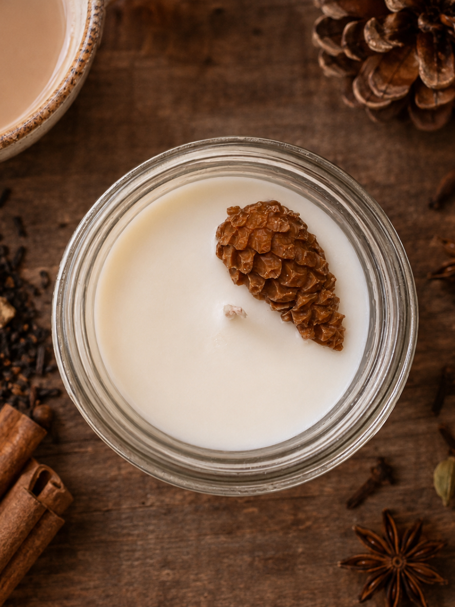 Garden Wick Woodland Chai 100% soy candle featuring a handcrafted pine cone wax embed with notes of orange peel, cardamom, ginger, nutmeg, fir, cinnamon, and honey. A warm, woodsy chai fragrance perfect for cozy fall and winter homes.