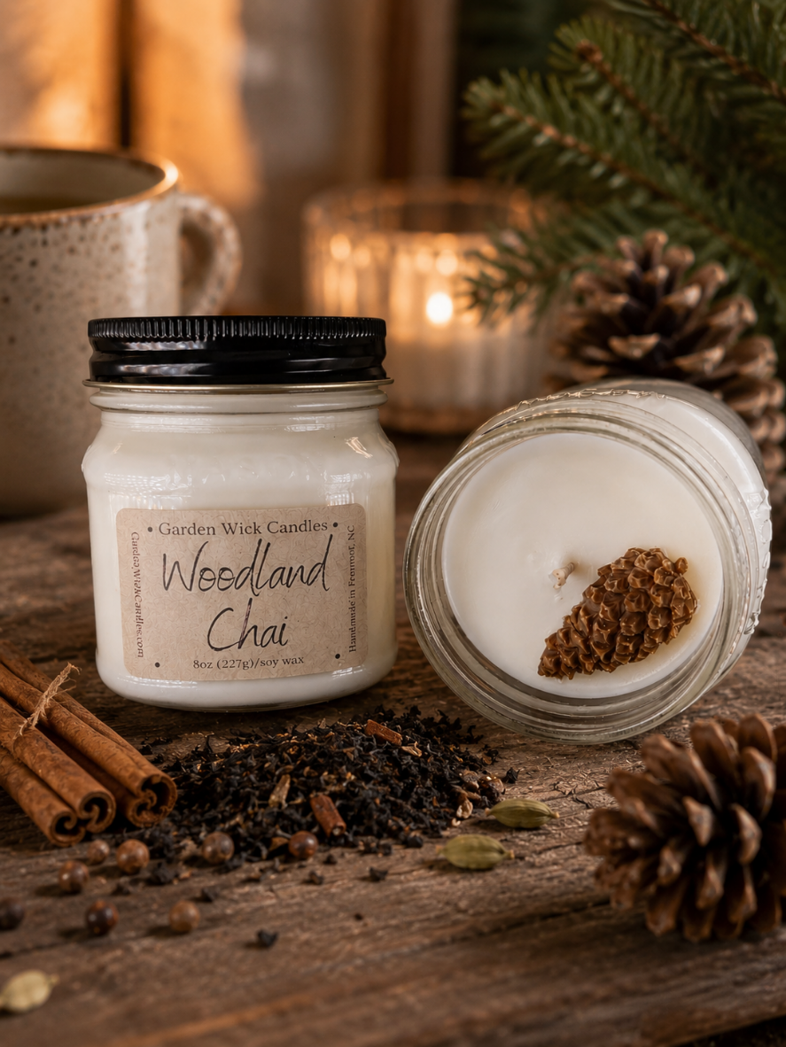 Garden Wick Woodland Chai 100% soy candle featuring a handcrafted pine cone wax embed with notes of orange peel, cardamom, ginger, nutmeg, fir, cinnamon, and honey. A warm, woodsy chai fragrance perfect for cozy fall and winter homes.