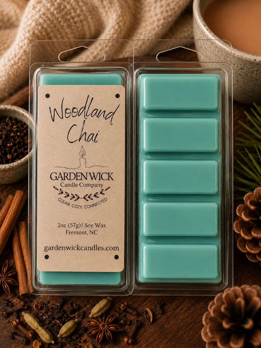 Garden Wick Woodland Chai 100% soy wax melt bar in a rich green color with a warm blend of orange peel, cardamom, ginger, nutmeg, fir, cinnamon, and honey. A cozy woodsy fall fragrance inspired by chai tea and forest walks.