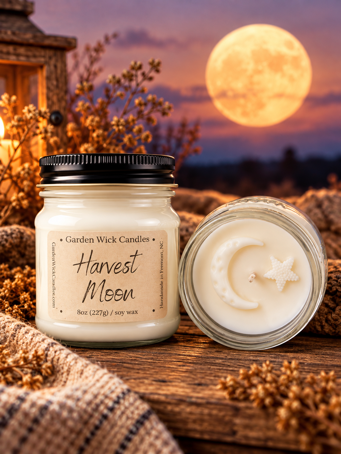Harvest Moon 8oz mason jar candle with warm autumn fragrance featuring green leaves, pear, plum, cinnamon, sugar, smoke, and sandalwood from Garden Wick
