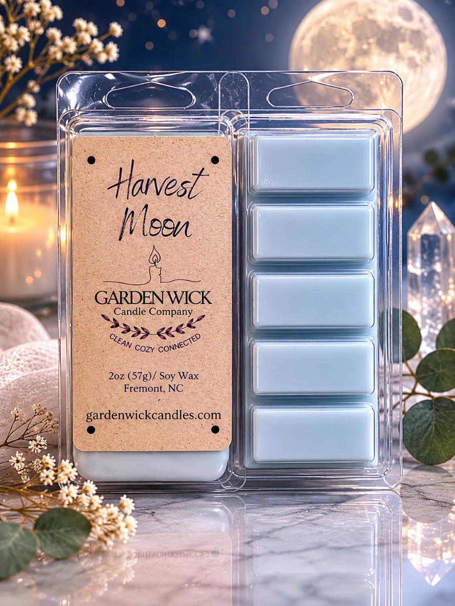 Harvest moon wax melt bar by garden wick candle company with cozy, earthy fragrance vibes. autumn ambiance