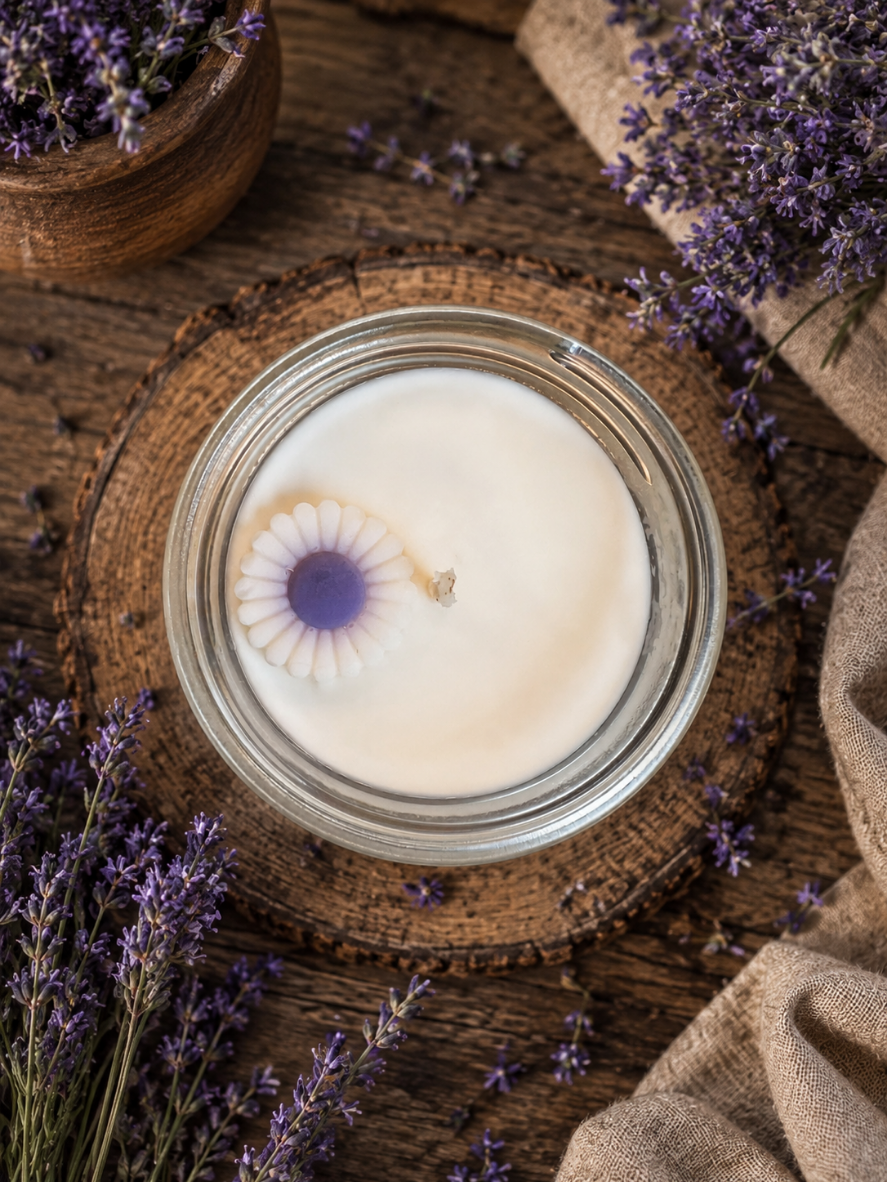 Lavender Candle in a glass mason jar with a decorative wax embed surrounded by lavender flowers on a wooden surface.
