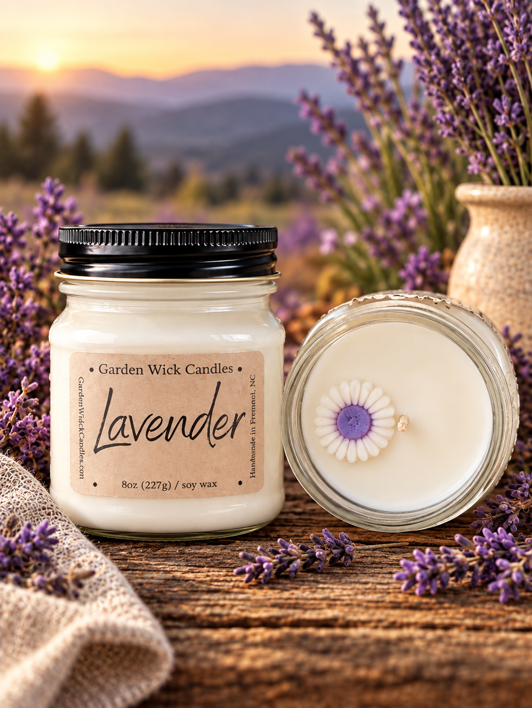 Lavender mason jar candle with calming floral and herbal scent from Garden Wick.