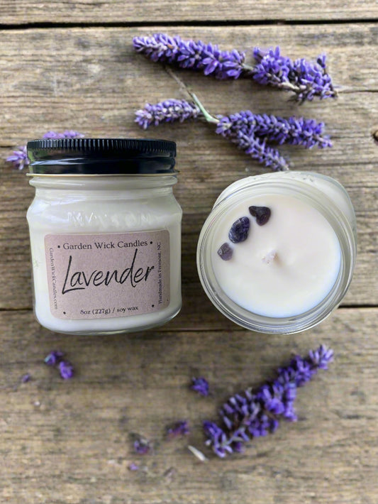 Lavender mason jar candle with calming floral and herbal scent from Garden Wick