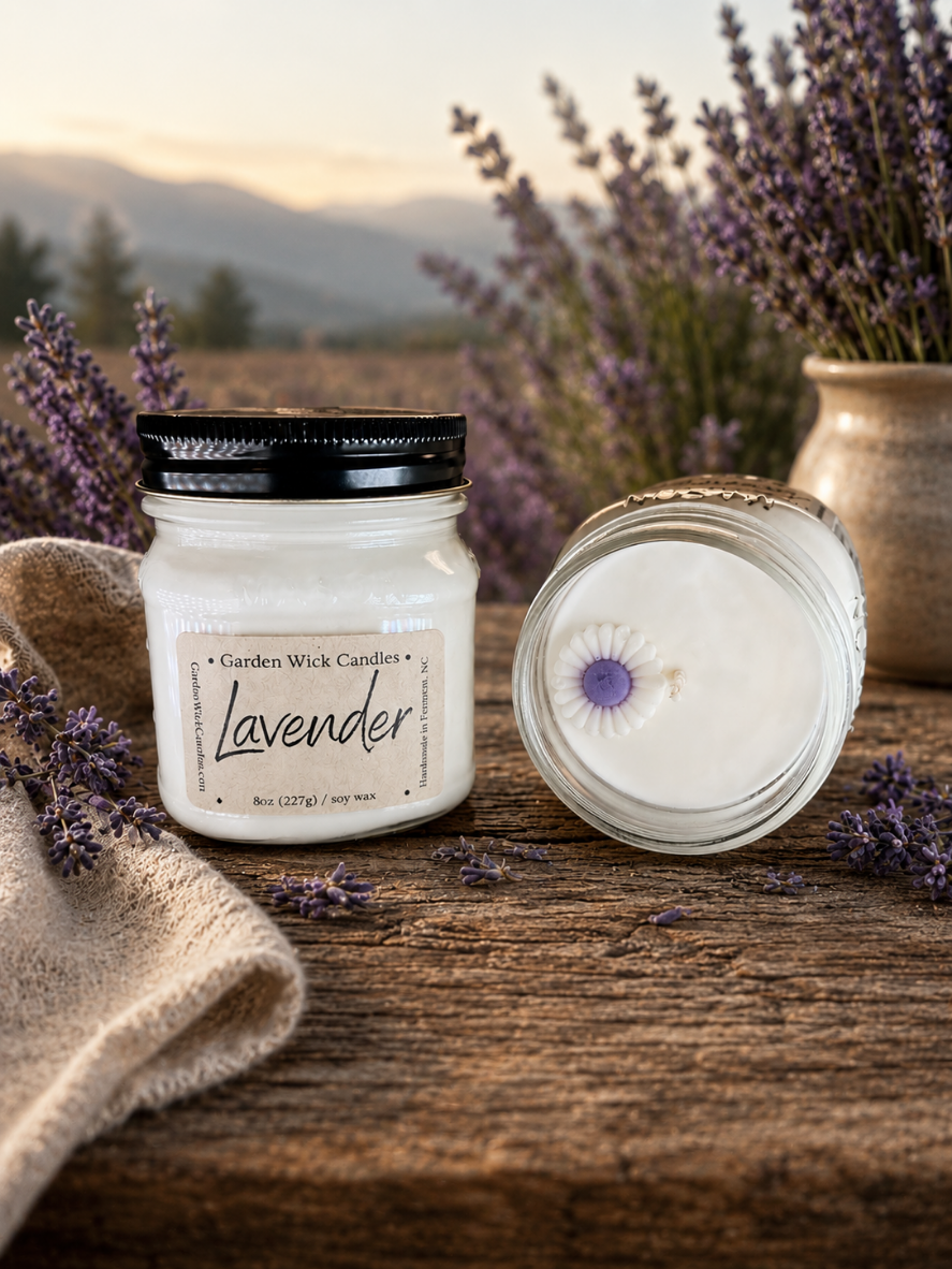 Lavender mason jar candle with calming floral and herbal scent from Garden Wick.