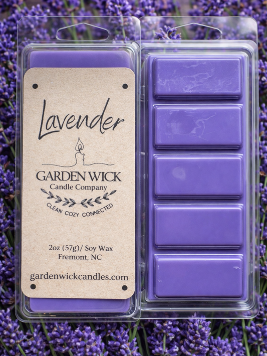 Lavender soy wax melt bar by Garden Wick Candle Company in a clamshell package, handmade clean-burning wax melts with a calming lavender fragrance.