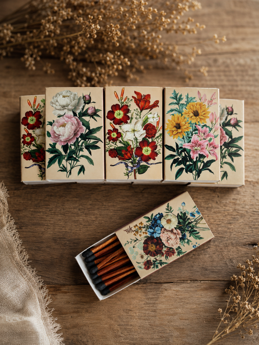 A set of decorative matchboxes with vintage floral illustrations, arranged on a rustic wooden surface with dried flowers and fabric props. One matchbox is open, showing brown wooden matches with black tips.