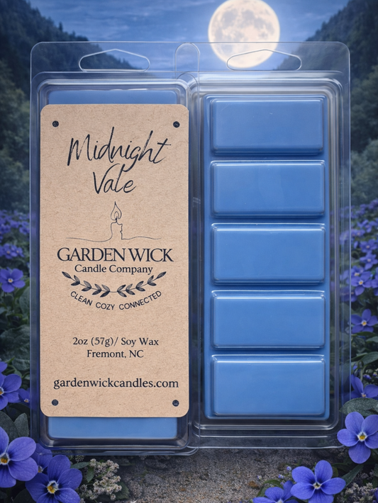Midnight Vale hand-poured wax melt with sophisticated floral, fruity, and moody notes including bergamot, geranium, violet, raspberry, saffron, leather, and vetiver from Garden Wick