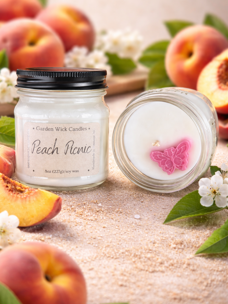 bright and vibrant peach-scented soy wax candle with tropical papaya and citrus notes, mason jar