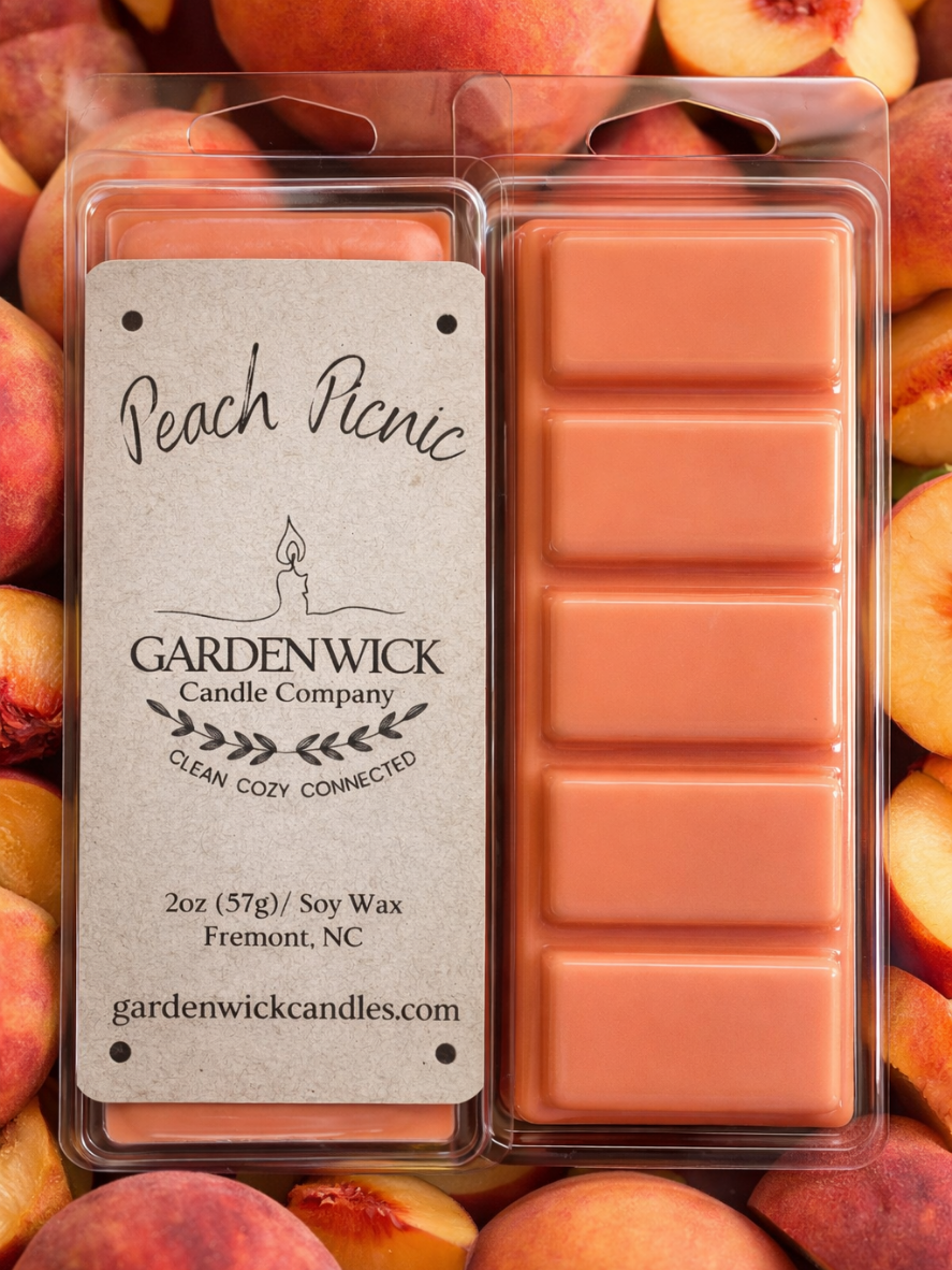 bright and vibrant peach-scented soy wax melts with tropical papaya and citrus notes