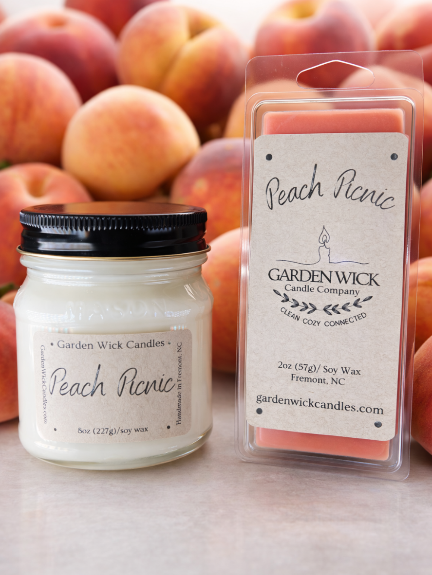 bright and vibrant peach-scented soy wax candle with tropical papaya and citrus notes, mason jar, dessert candle, wax melts
