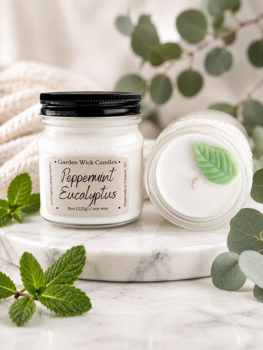 peppermint Eucalyptus mason jar candle with refreshing minty and herbal fragrance from Garden Wick