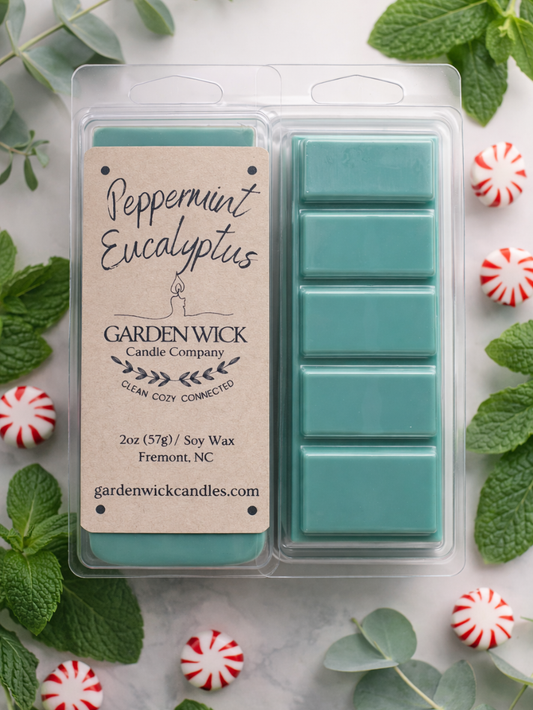 peppermint and eucalyptus soy wax melt from garden wick, fresh clean scents, non toxic