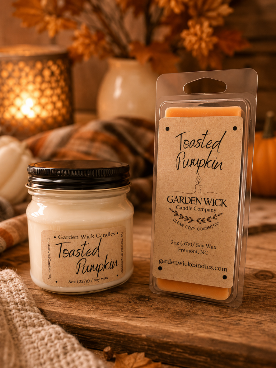 Garden Wick Toasted Pumpkin soy candle displayed in a cozy autumn home setting with pumpkins, cinnamon sticks, and fall décor, capturing the warm feeling of pumpkin carving, harvest festivals, and bonfire nights.