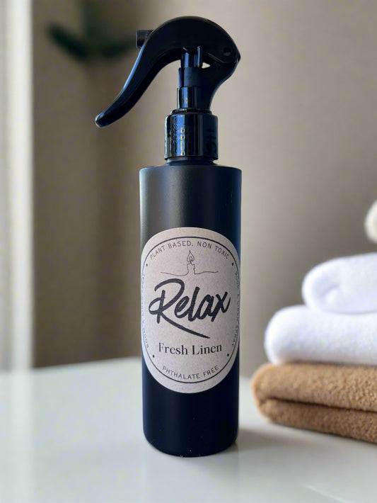 Relax Fresh Linen 8oz room and linen spray with clean cotton blossom, linen, powder, and sandalwood fragrance from Garden Wick