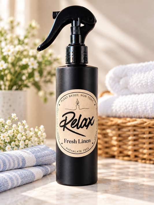 Relax Fresh Linen 8oz room and linen spray with clean cotton blossom, linen, powder, and sandalwood fragrance from Garden Wick