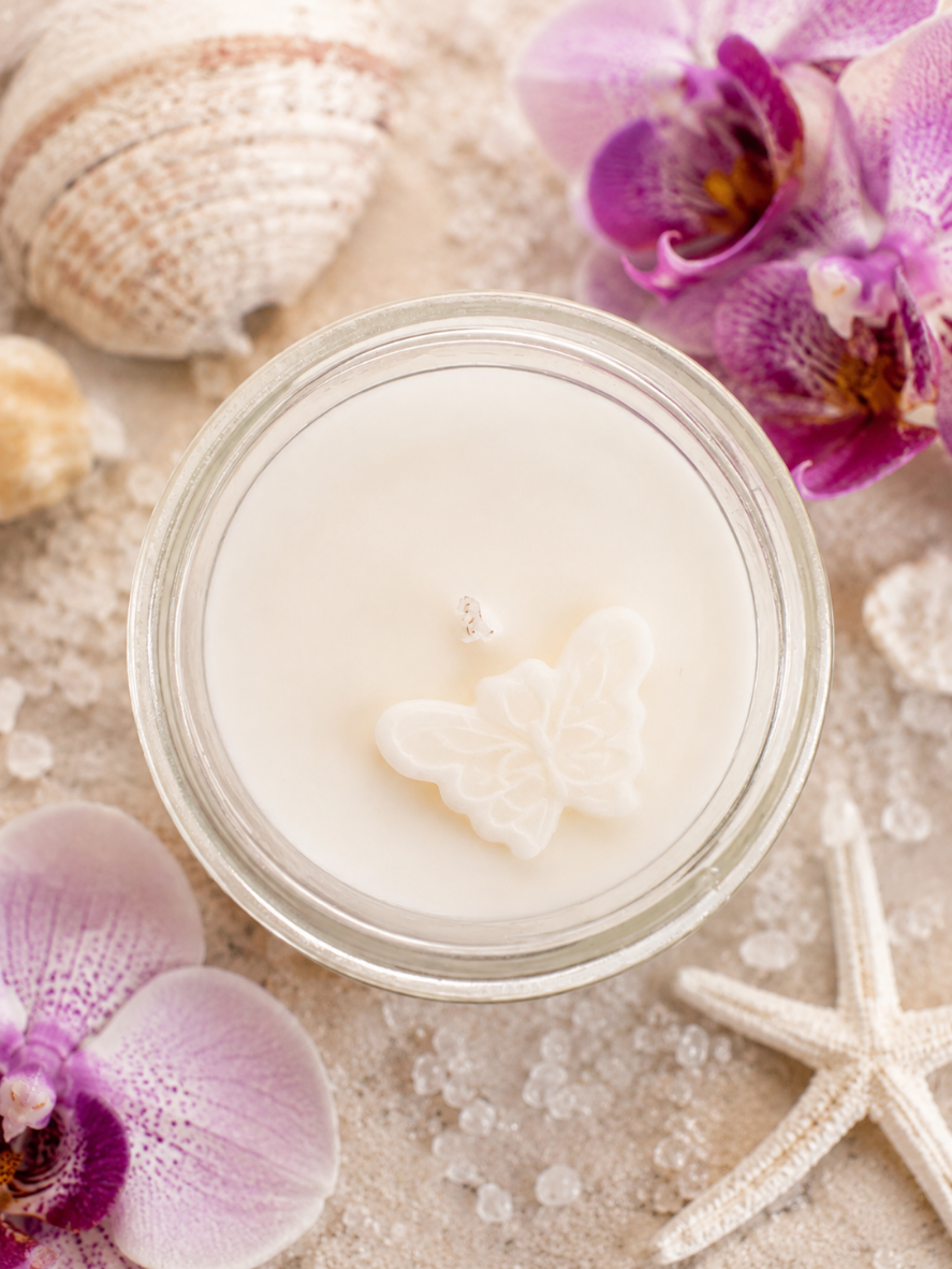 Sea Salt & Orchid mason jar candle with floral and salty marine scent from Garden Wick. Soy wax, clean fragrance, Prop 65.