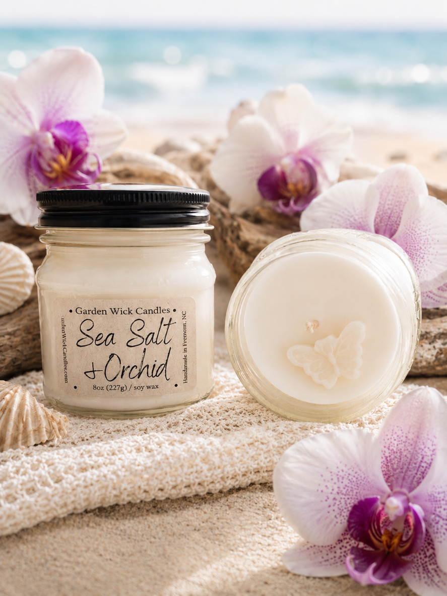 Sea Salt & Orchid mason jar candle with floral and salty marine scent from Garden Wick. Soy wax, clean fragrance, Prop 65.