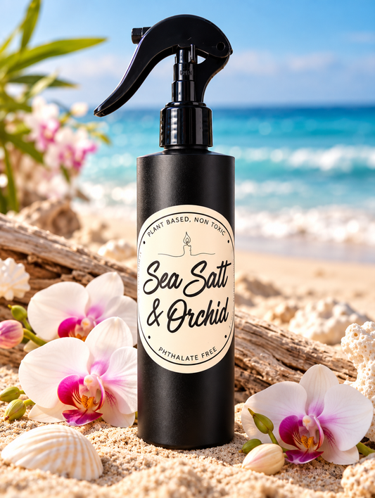 Sea Salt & Orchid plant-based room and linen spray by Garden Wick Candles with fresh sea salt, freesia, amber and soft musk.