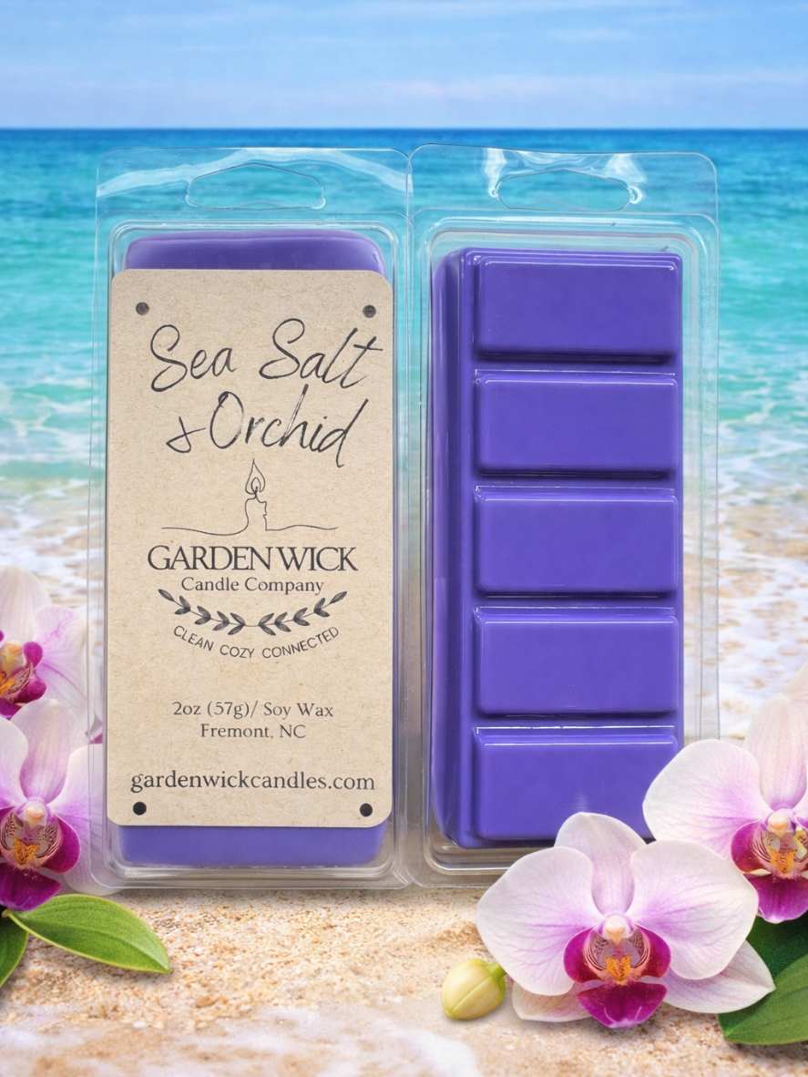 Sea Salt & Orchid wax melt with elegant floral and marine scent from Garden Wick. Soy wax, clean scents, non-toxic