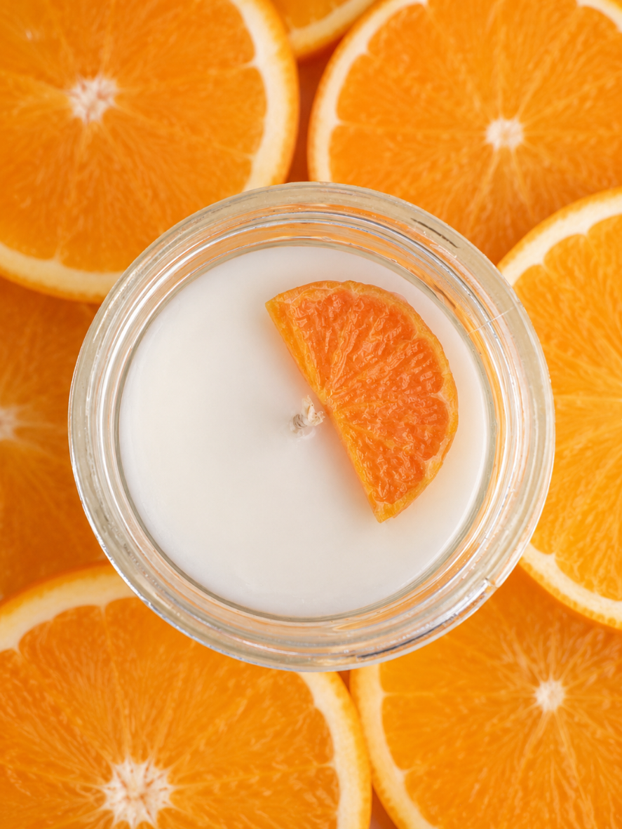 Top view of the Slice of Sunshine candle with an orange slice wax embed, a vibrant citrus candle blending grapefruit, orange, mandarin, lemon, and zesty citrus peel notes.