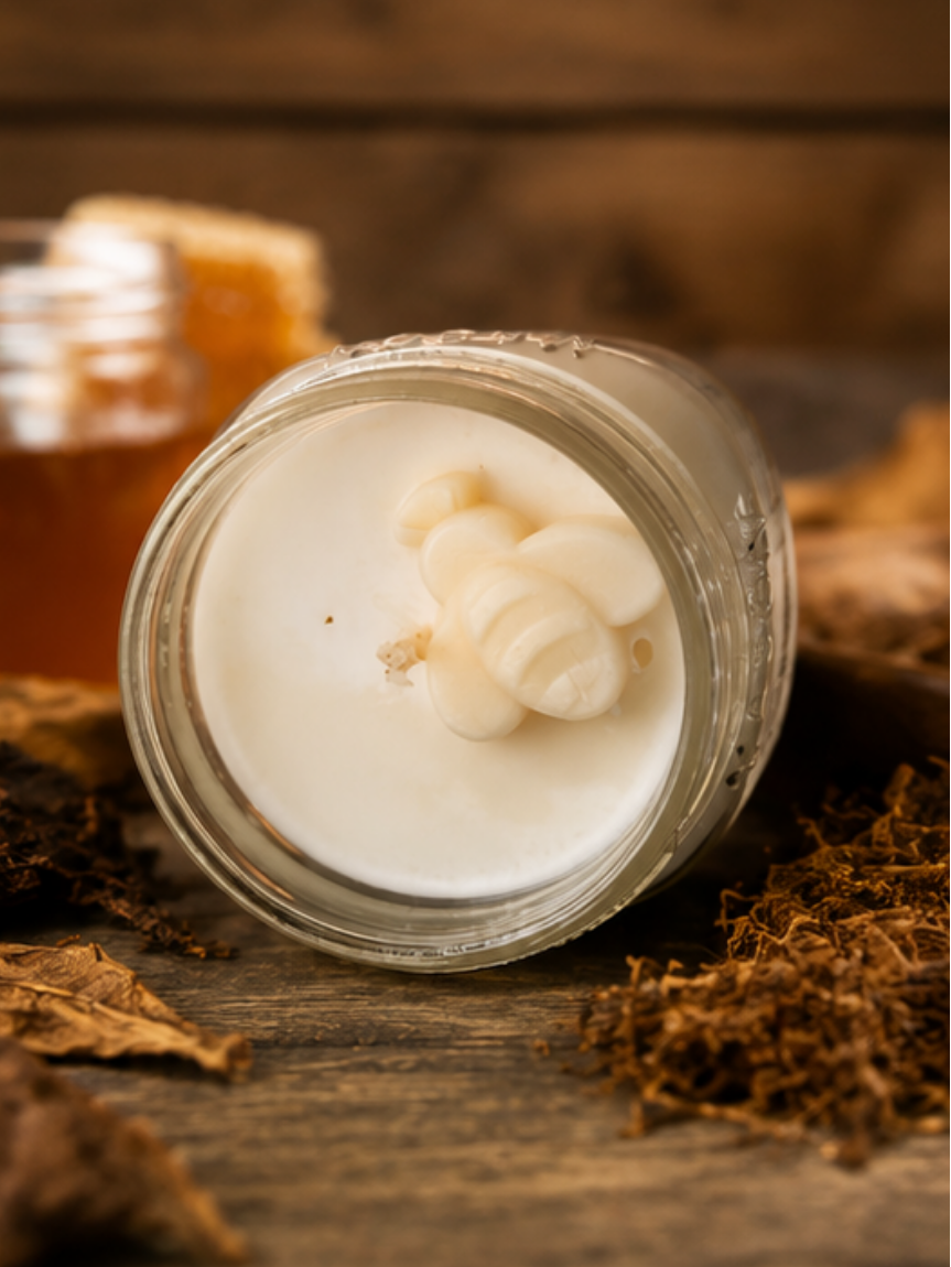 Spiced Honey & Tobacco mason jar candle with warm, spicy, and woody fragrance featuring bergamot, honey, amber, tobacco leaves, oud, tonka bean, and dark musk from Garden Wick. Clean soy, non toxic, prop 65, standards