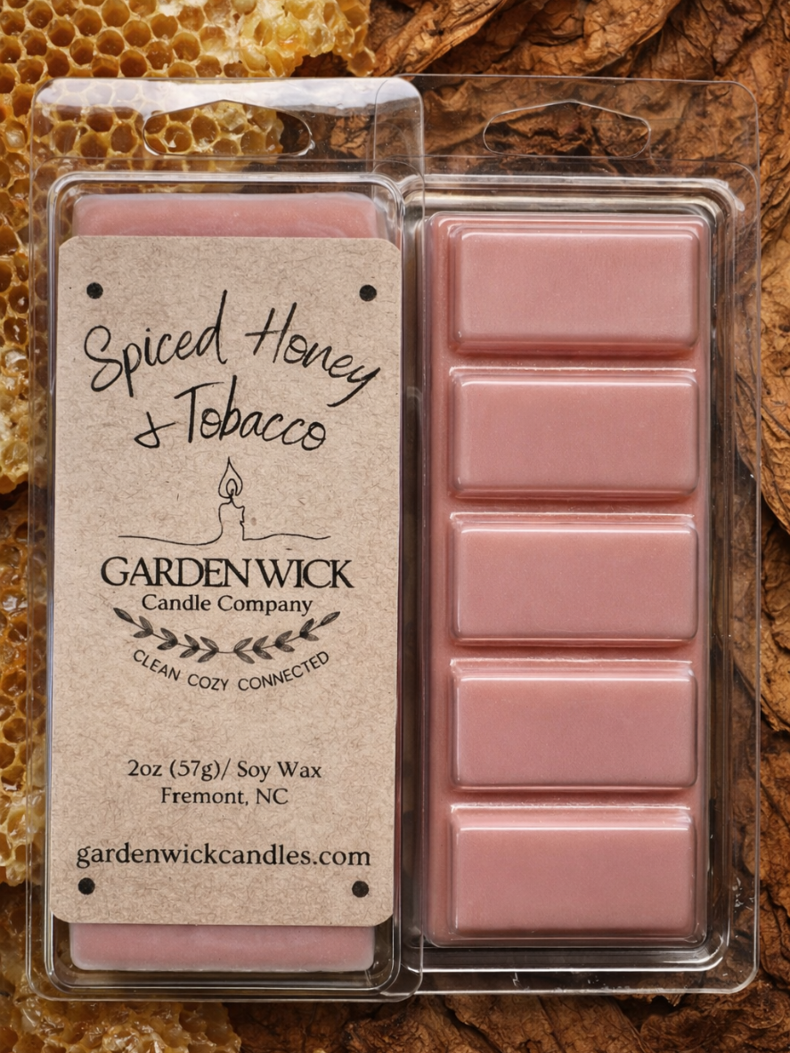 Spiced Honey & Tobacco hand-poured wax melt with warm, spicy, woody fragrance including bergamot, honey, amber, tobacco leaves, oud, tonka bean, and dark musk from Garden Wick