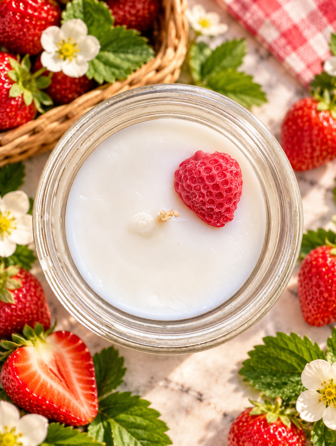 strawberry fields soy candle in mason jar by garden wick candle company featuring strawberry, passion fruit, guava, sugar, papaya, vanilla, cream fragrance.