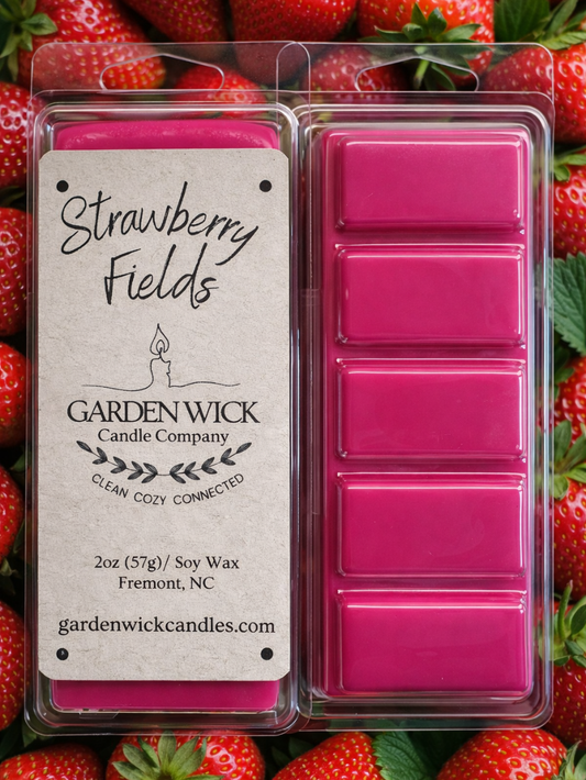 strawberry fields soy wax melt bar by garden wick candle company with notes of strawberry, guava, passion fruit, sugar, vanilla and cream.