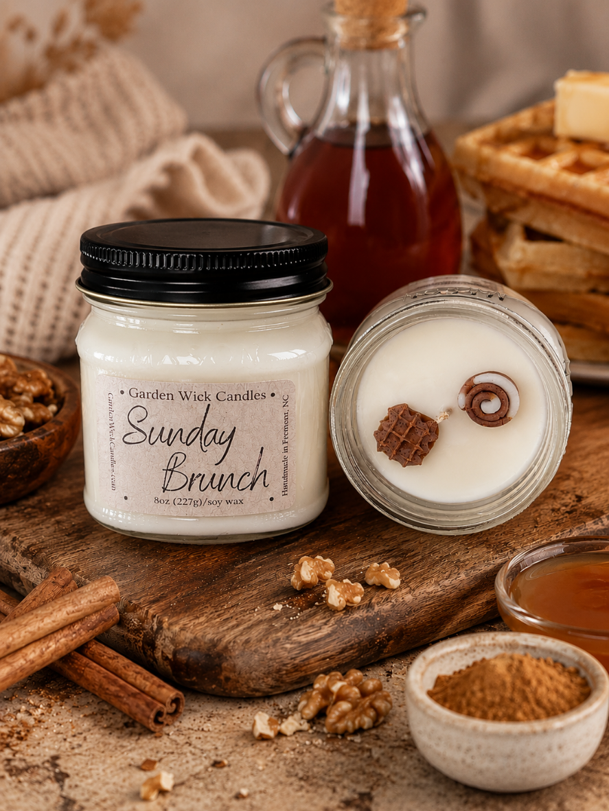 Hand-poured Sunday Brunch soy candle by Garden Wick featuring waffle and cinnamon roll wax embeds with a warm maple waffle fragrance of butter, cinnamon, walnut, and caramel.