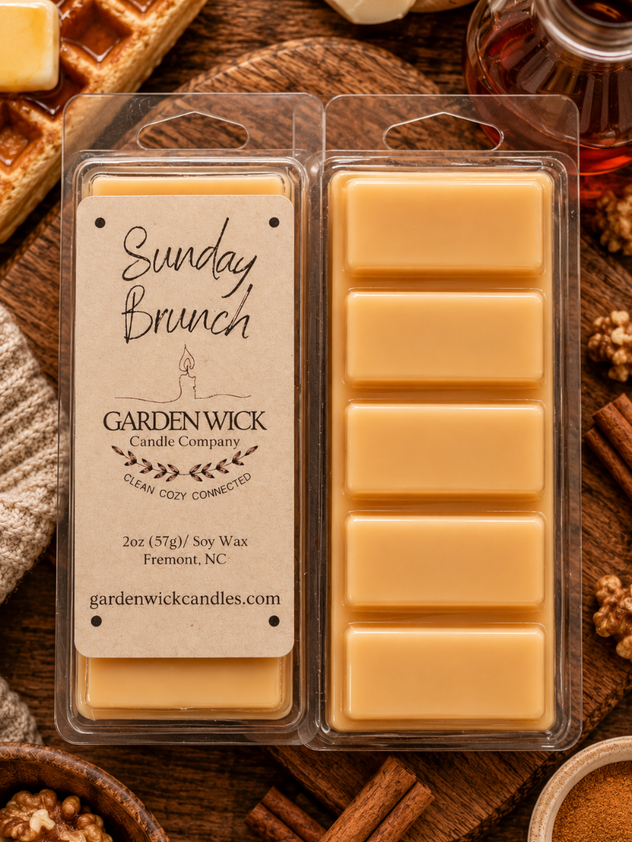 Hand-poured Sunday Brunch soy wax melt bars by Garden Wick with a warm maple waffle fragrance featuring notes of butter, cinnamon, toasted walnut, milk, and caramel.