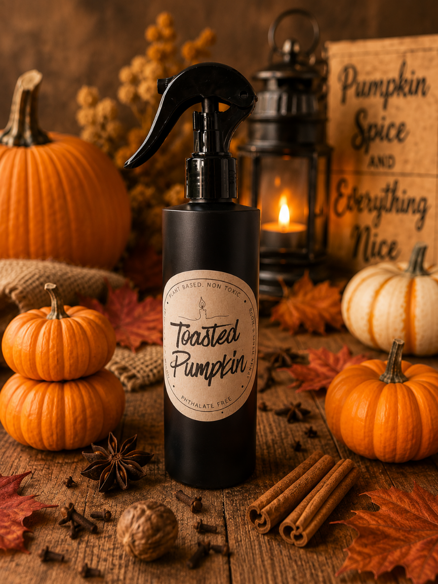 Toasted Pumpkin room and linen spray  in a rustic fall lifestyle scene featuring pumpkins, cinnamon sticks, and autumn décor, inspired by pumpkin carving, harvest festivals, and bonfire evenings.
Hand crafted from Garden Wick plant based with comforting pumpkin spice fragrance notes of cinnamon, clove, nutmeg, creamy vanilla, and smoky embers.