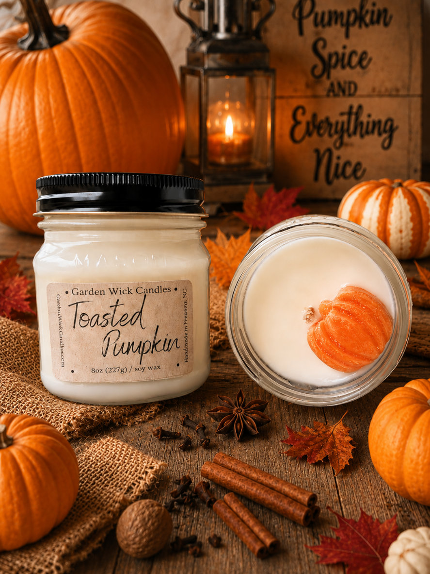 Hand-poured Toasted Pumpkin soy candle by Garden Wick Candles featuring warm notes of pumpkin, cinnamon, clove, nutmeg, vanilla, and smoked embers in a cozy autumn lifestyle setting.
