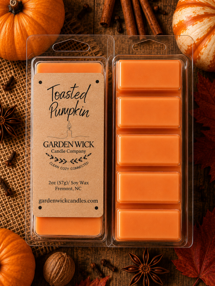 Toasted Pumpkin soy wax melt bars in a rustic fall lifestyle scene featuring pumpkins, cinnamon sticks, and autumn décor, inspired by pumpkin carving, harvest festivals, and bonfire evenings.