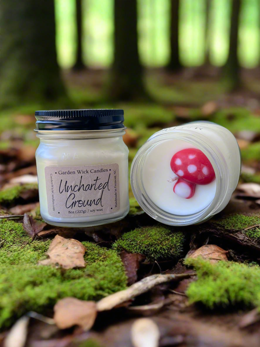 uncharted Ground mason jar candle with earthy, fresh green and balsam fragrance from Garden Wick
