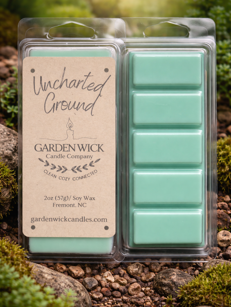 Uncharted Ground hand-poured wax melt with earthy green, balsam, citrusy, and patchouli fragrance from Garden Wick