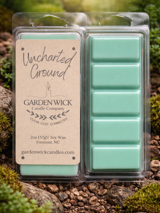 Uncharted Ground hand-poured wax melt with earthy green, balsam, citrusy, and patchouli fragrance from Garden Wick