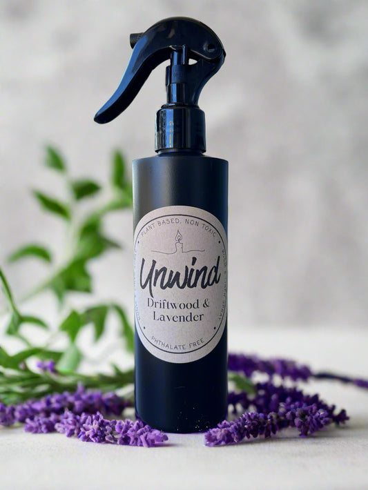 Unwind Driftwood and Lavender 8oz room and linen spray with calming lavender, marine, cedar, and cypress fragrance from Garden Wick