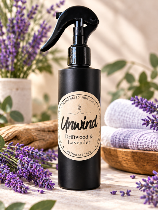 Unwind Driftwood and Lavender 8oz room and linen spray with calming lavender, marine, cedar, and cypress fragrance from Garden Wick