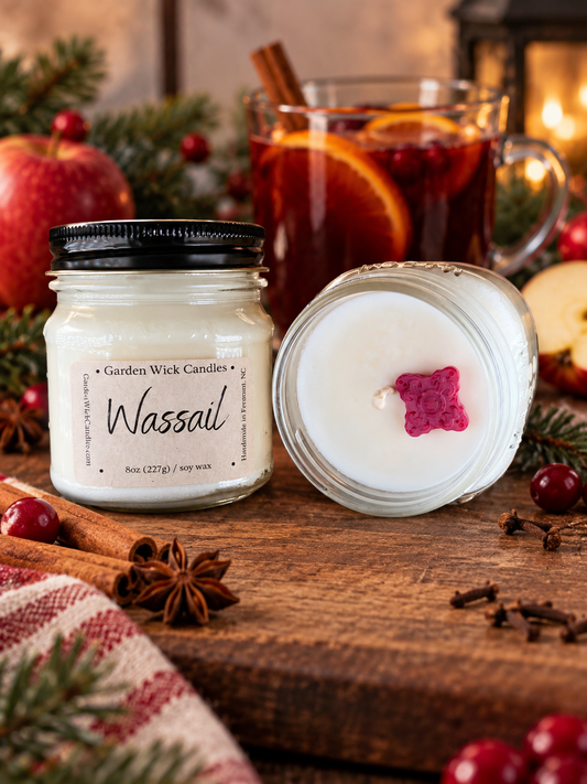 Wassail soy candle by Garden Wick Candle Company, a warm and cozy holiday fragrance perfect for the Christmas season.