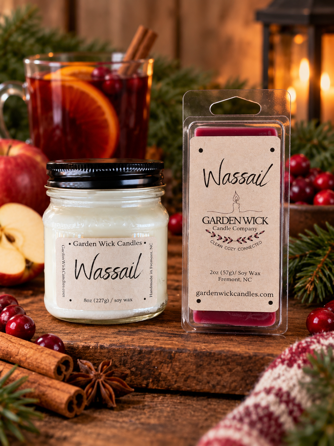 Wassail soy candle and wax melt bar by Garden Wick Candle Company, a warm and cozy holiday fragrance.