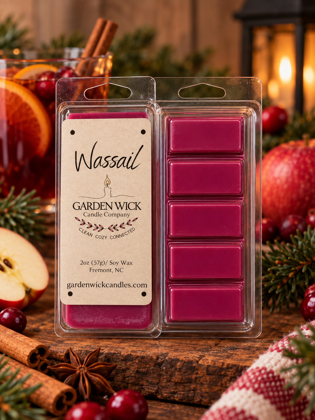 Wassail soy wax melt bar by Garden Wick Candle Company, a warm holiday fragrance with cozy seasonal spice.