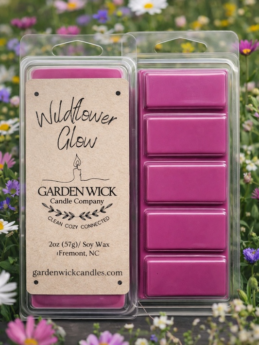 Wildflower glow soy wax melts inspired by a European countryside meadow with citrus, floral, and amber notes