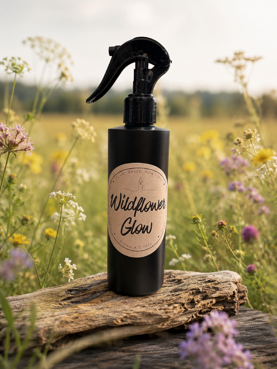 wildflower glow room linen spray by garden wick clean non-toxic lemongrass, bergamot, orange blossom, rose, and honey, and settles into a soft base of amber, musk, and cedar.