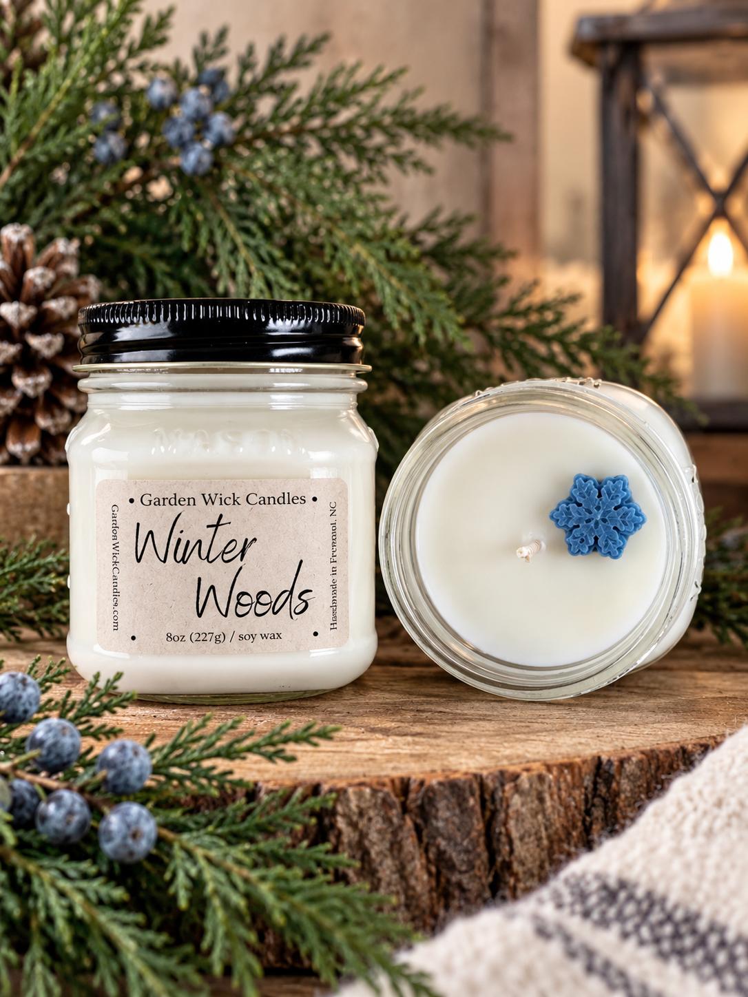 Winter Woods soy candle by Garden Wick Candle Company, a cozy woodsy fragrance for the winter and holiday season.